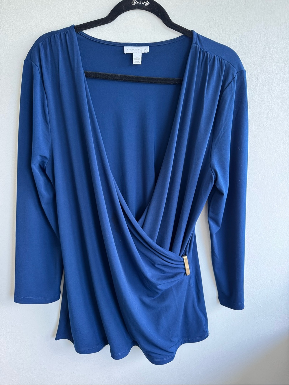 Charter Club Blue Draped Surplice Long Sleeve Top with Gold Accent